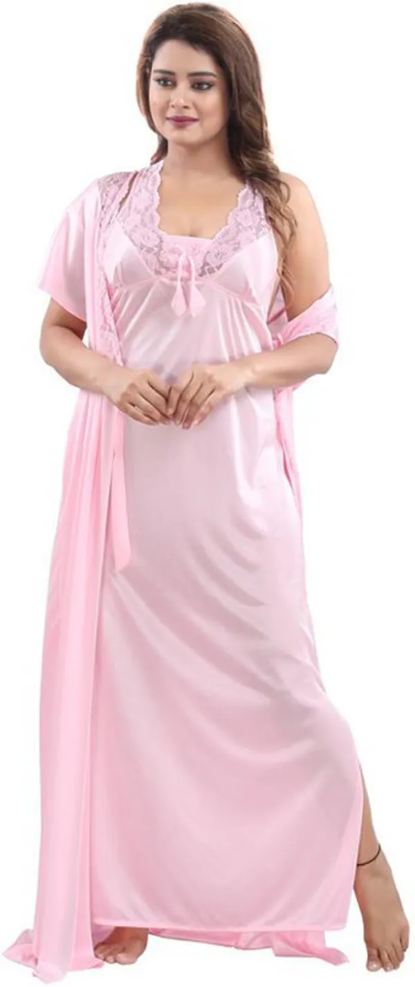 Pink_Satin_Solid_Regular_Fit_Nighty_Set_For_Women_(4_pcs)