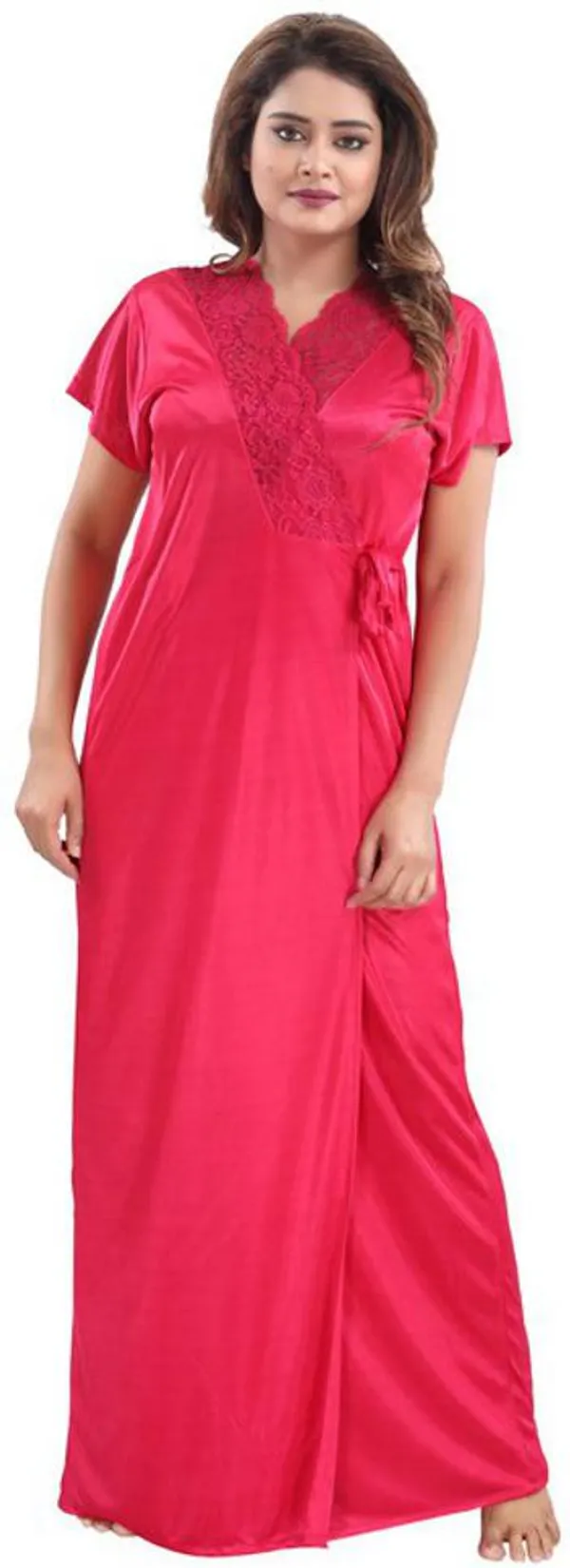 Pink_Satin_Solid_Regular_Fit_Nighty_Set_For_Women_(4_pcs)