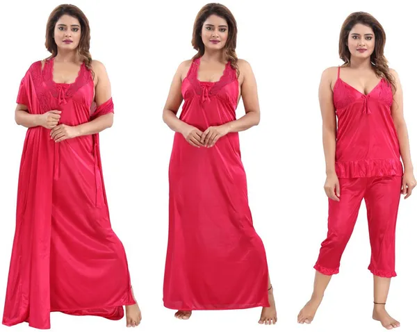 Pink_Satin_Solid_Regular_Fit_Nighty_Set_For_Women_(4_pcs)