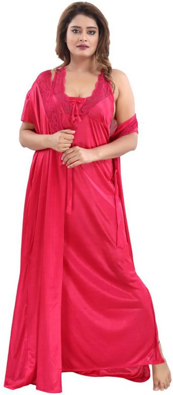 Pink_Satin_Solid_Regular_Fit_Nighty_Set_For_Women_(4_pcs)