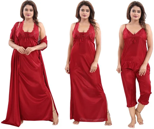 Maroon_Satin_Solid_Regular_Fit_Nighty_Set_For_Women_(4_pcs)