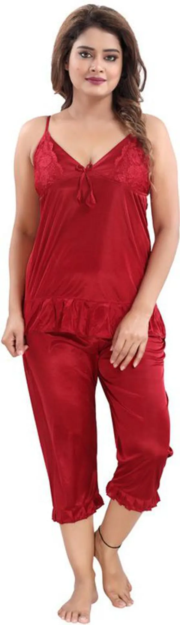 Maroon_Satin_Solid_Regular_Fit_Nighty_Set_For_Women_(4_pcs)