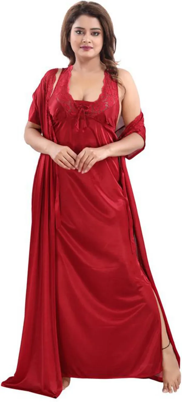 Maroon_Satin_Solid_Regular_Fit_Nighty_Set_For_Women_(4_pcs)