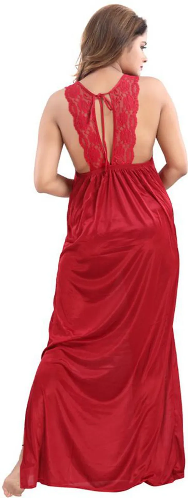 Maroon_Satin_Solid_Regular_Fit_Nighty_Set_For_Women_(4_pcs)
