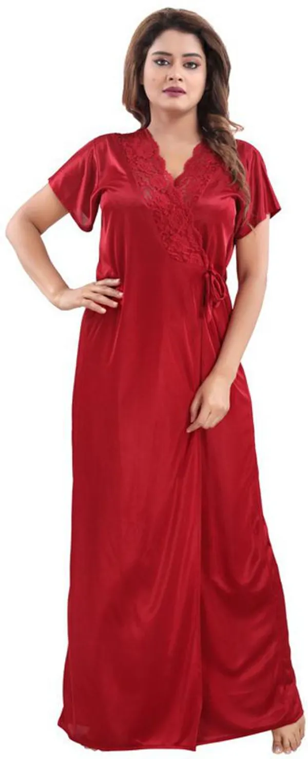 Maroon_Satin_Solid_Regular_Fit_Nighty_Set_For_Women_(4_pcs)