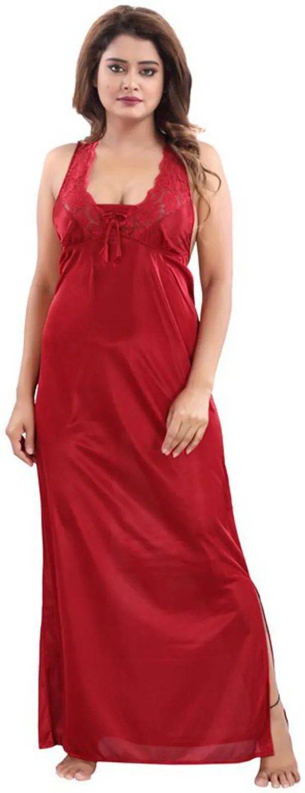 Maroon_Satin_Solid_Regular_Fit_Nighty_Set_For_Women_(4_pcs)