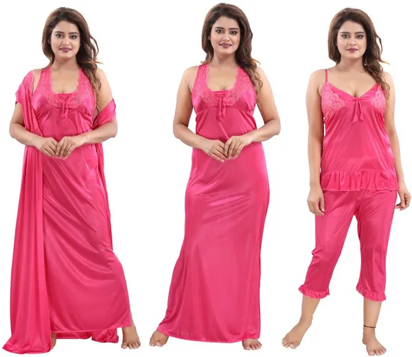 Pink_Satin_Solid_Regular_Fit_Nighty_Set_For_Women_(4_pcs)