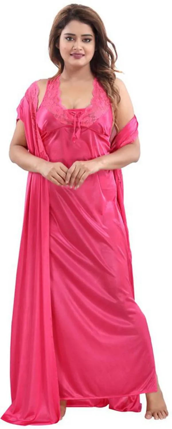 Pink_Satin_Solid_Regular_Fit_Nighty_Set_For_Women_(4_pcs)