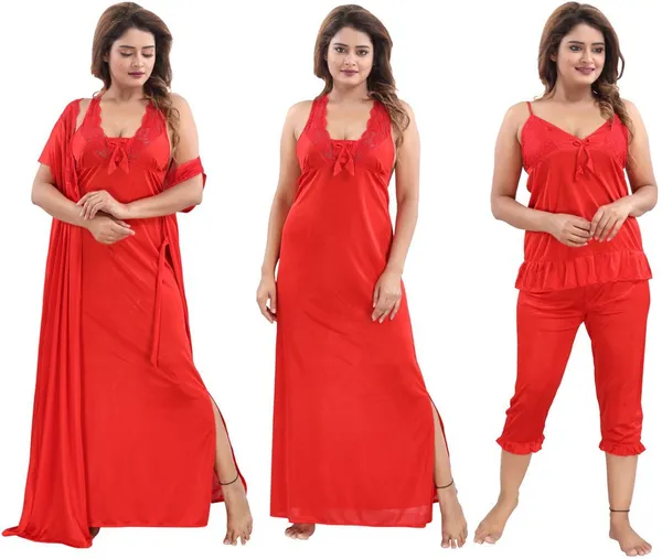 Red_Satin_Solid_Regular_Fit_Nighty_Set_For_Women_(4_pcs)