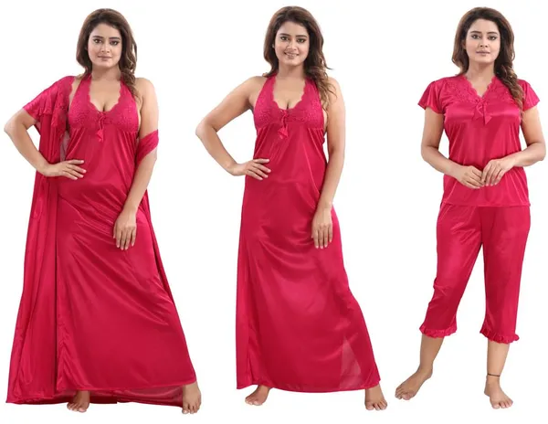 Dark_Pink_Two_Way_Lycra_Regular_Fit_Solid_Night_Wear_For_Women_(4_pcs)