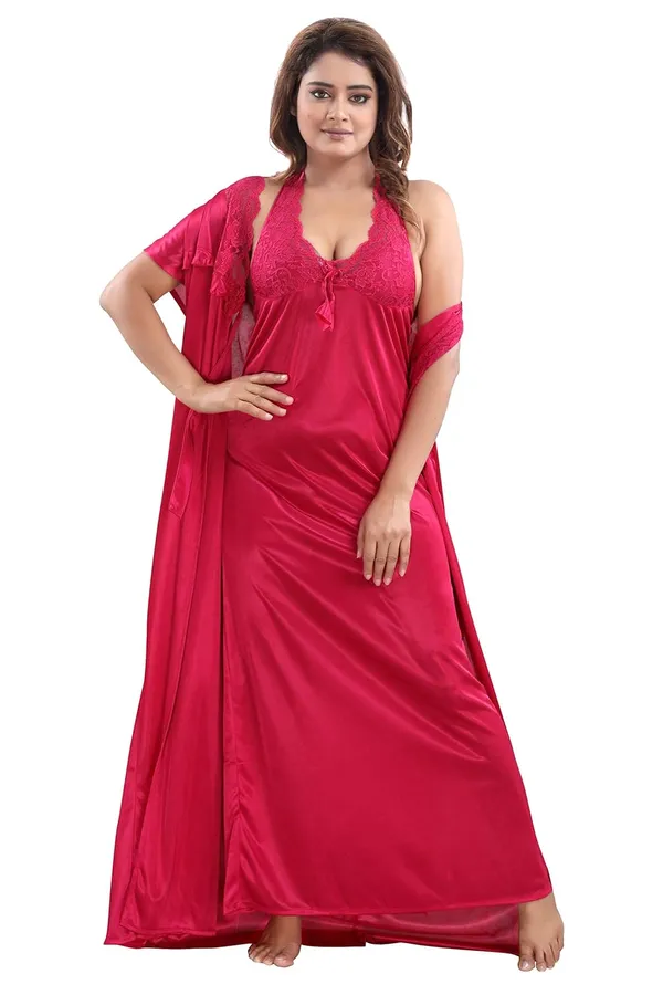 Dark_Pink_Two_Way_Lycra_Regular_Fit_Solid_Night_Wear_For_Women_(4_pcs)