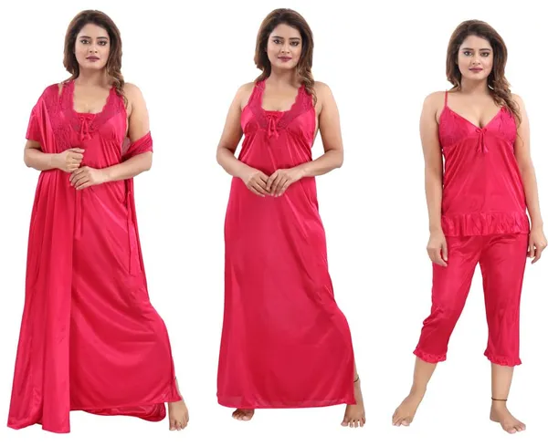 Dark_Pink_Two_Way_Lycra_Regular_Fit_Solid_Night_Wear_For_Women_(4_pcs)