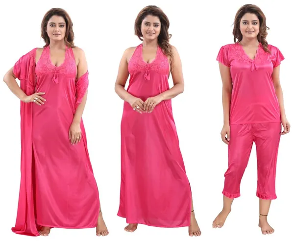 Pink_Two_Way_Lycra_Regular_Fit_Solid_Night_Wear_For_Women_(4_pcs)