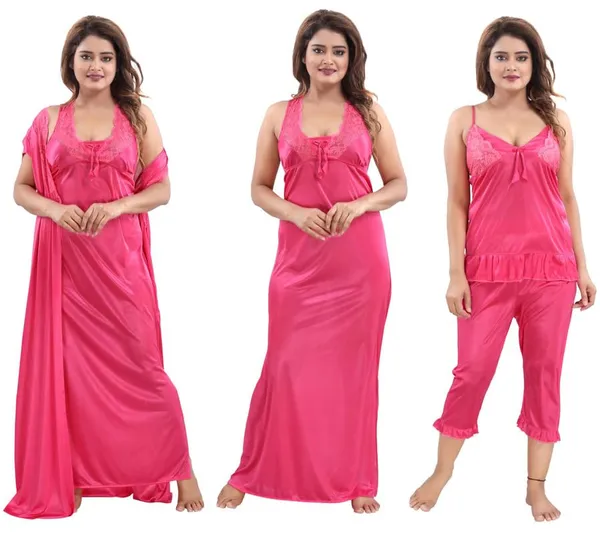 Pink_Two_Way_Lycra_Regular_Fit_Solid_Night_Wear_For_Women_(4_pcs)