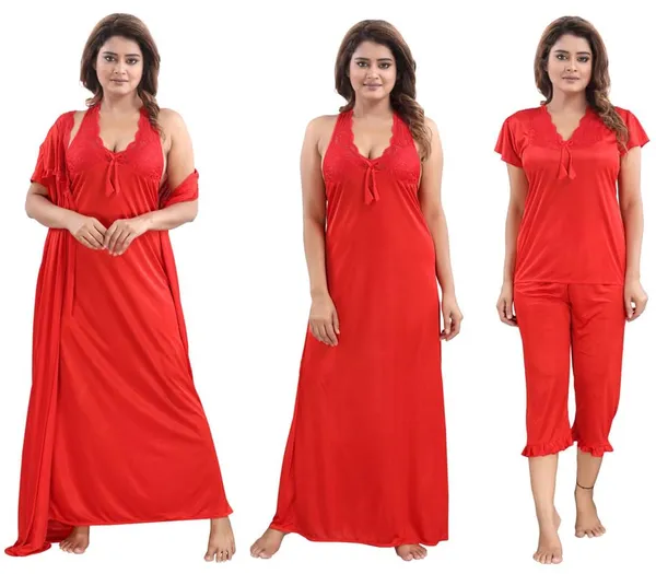 Red_Two_Way_Lycra_Regular_Fit_Solid_Night_Wear_For_Women_(4_pcs)