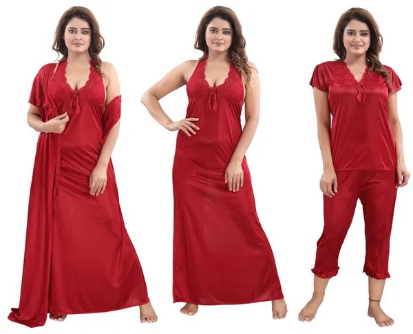 Maroon_Two_Way_Lycra_Regular_Fit_Solid_Night_Wear_For_Women_(4_pcs)