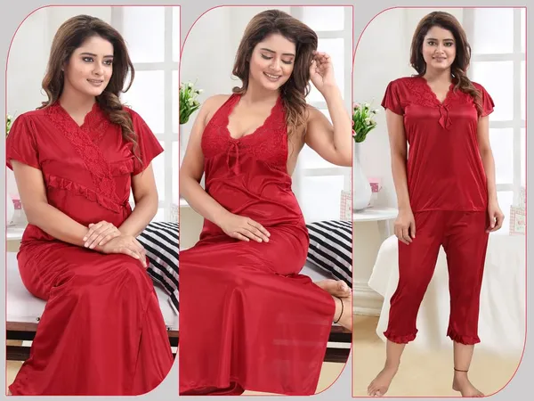 Maroon_Two_Way_Lycra_Regular_Fit_Solid_Night_Wear_For_Women_(4_pcs)