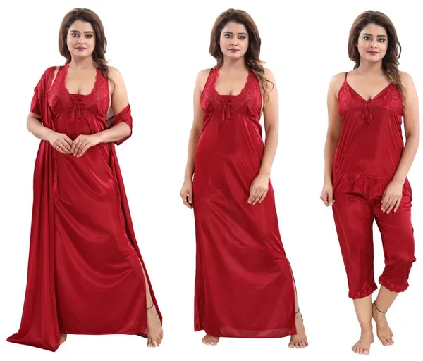 Maroon_Two_Way_Lycra_Regular_Fit_Solid_Night_Wear_For_Women_(4_pcs)