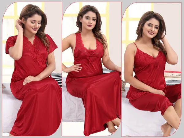 Maroon_Two_Way_Lycra_Regular_Fit_Solid_Night_Wear_For_Women_(4_pcs)