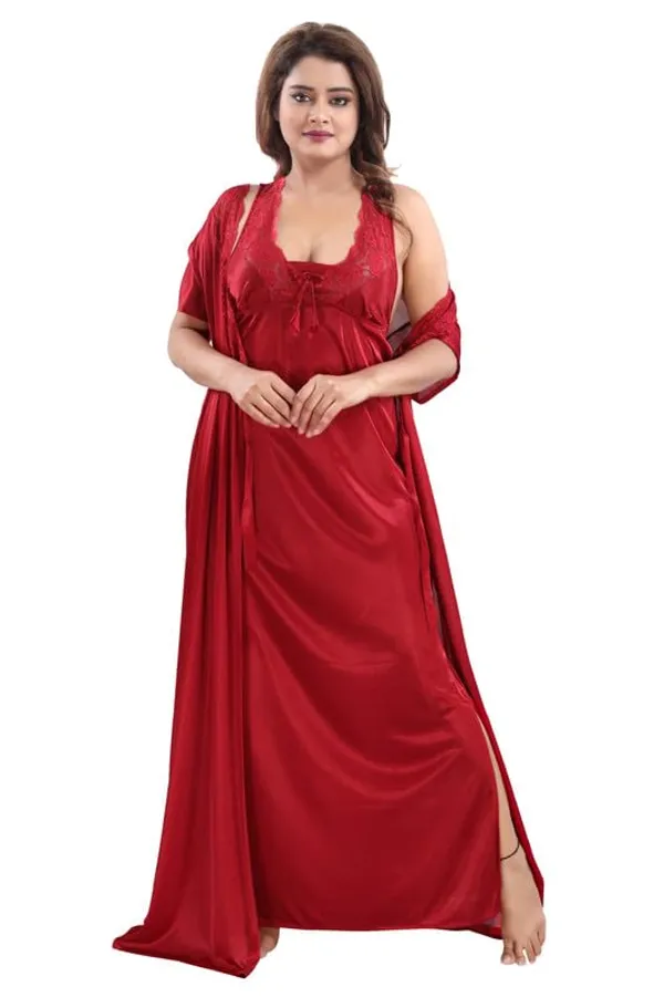 Maroon_Two_Way_Lycra_Regular_Fit_Solid_Night_Wear_For_Women_(4_pcs)