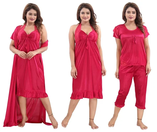 Dark_Pink_Two_Way_Lycra_Regular_Fit_Solid_Night_Wear_For_Women_(4_pcs)