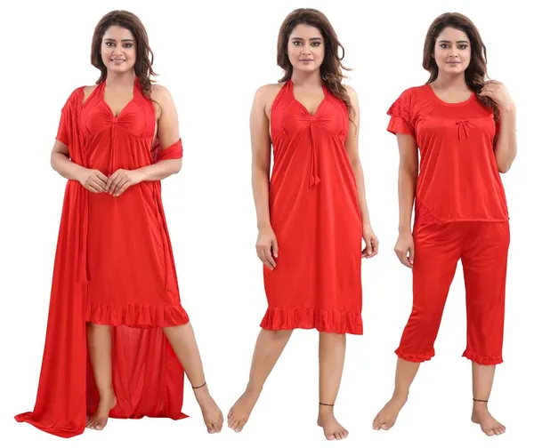 Red_Two_Way_Lycra_Regular_Fit_Solid_Night_Wear_For_Women_(4_pcs)