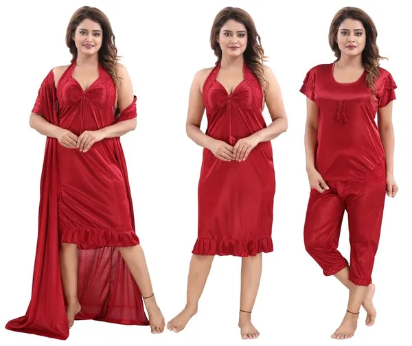 Maroon_Two_Way_Lycra_Regular_Fit_Solid_Night_Wear_For_Women_(4_pcs)