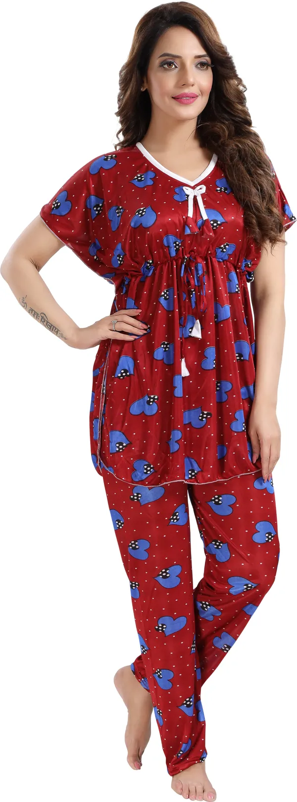 Maroon_Satin_Printed_Regular_Fit_Nighty_Set_For_Women_