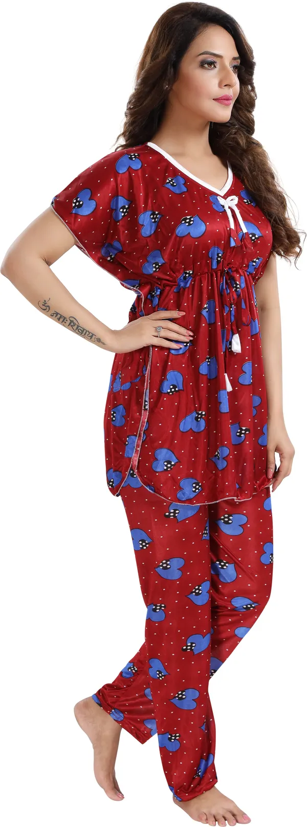Maroon_Satin_Printed_Regular_Fit_Nighty_Set_For_Women_