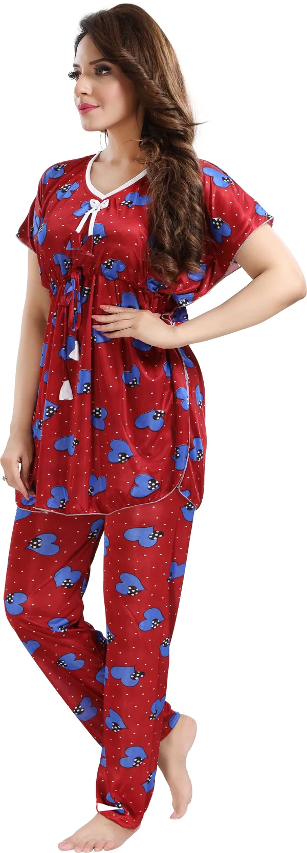 Maroon_Satin_Printed_Regular_Fit_Nighty_Set_For_Women_