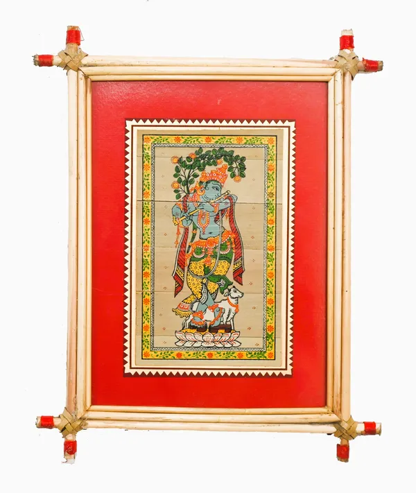 Red_Wall_Hanging_Framed_Palm_Leaf_Painting_Of_Lord_Krishna_With_His_Musical_Instrument_"Basuri"_|_Handmade_By_Tribal_People