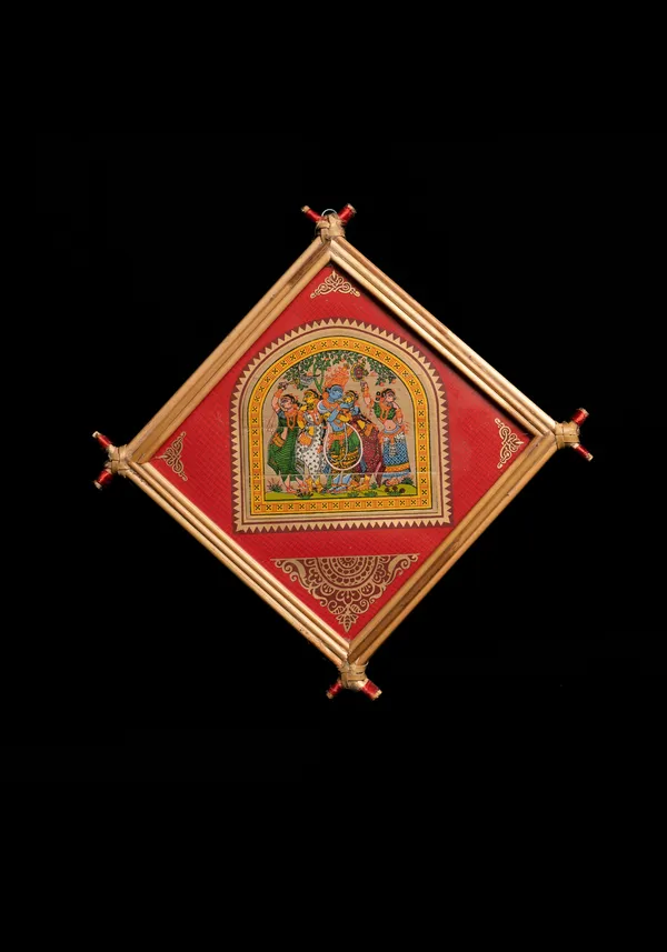 Red_Wall_Hanging_Newly_Framed_Palm_Leaf_Painting_of_Radha-Krishna_Raasleela_with_Gopi's