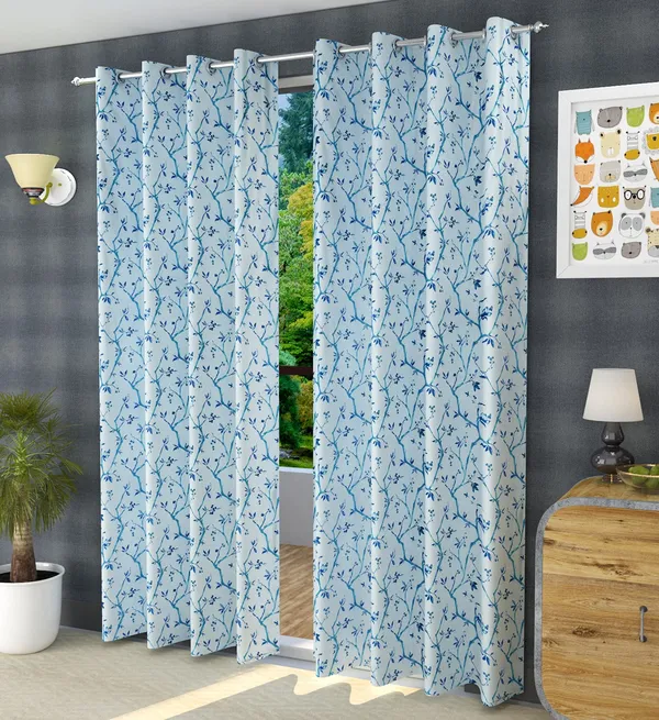 Blue_Polyester_Leaf_Print_Long_Door_Curtains