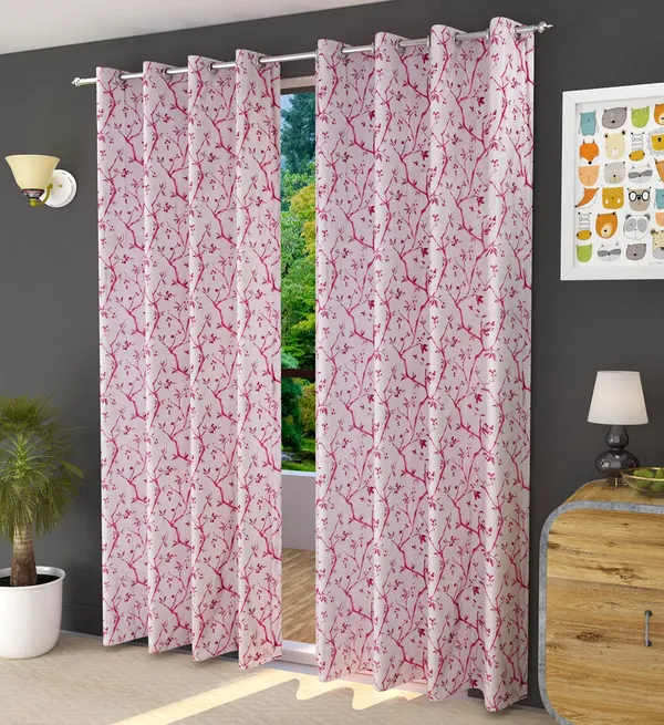 Pink_Polyester_Leaf_Print_Long_Door_Curtains