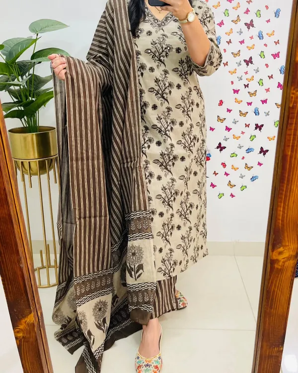 Beige_&_Brown_Floral_Handblock_Kurta_Set_with_Striped_Dupatta