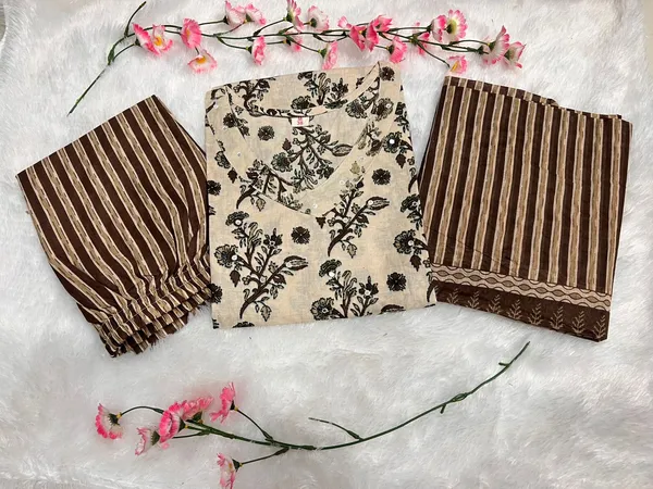 Beige_&_Brown_Floral_Handblock_Kurta_Set_with_Striped_Dupatta
