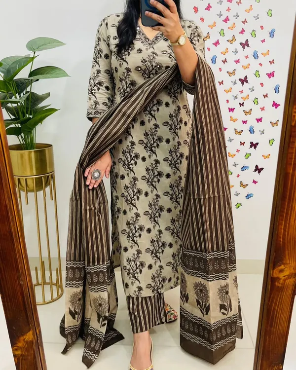 Beige_&_Brown_Floral_Handblock_Kurta_Set_with_Striped_Dupatta