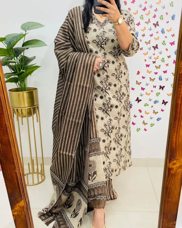 Beige_&_Brown_Floral_Handblock_Kurta_Set_with_Striped_Dupatta