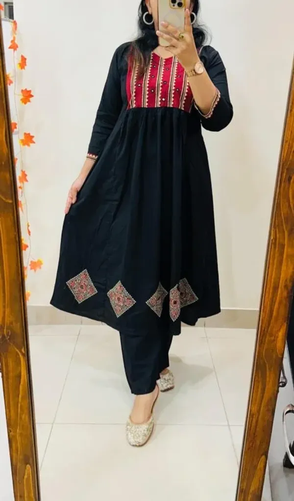 Black_Cotton_Embroidered_Kurti_Set_with_Contrast_Maroon_Yoke
