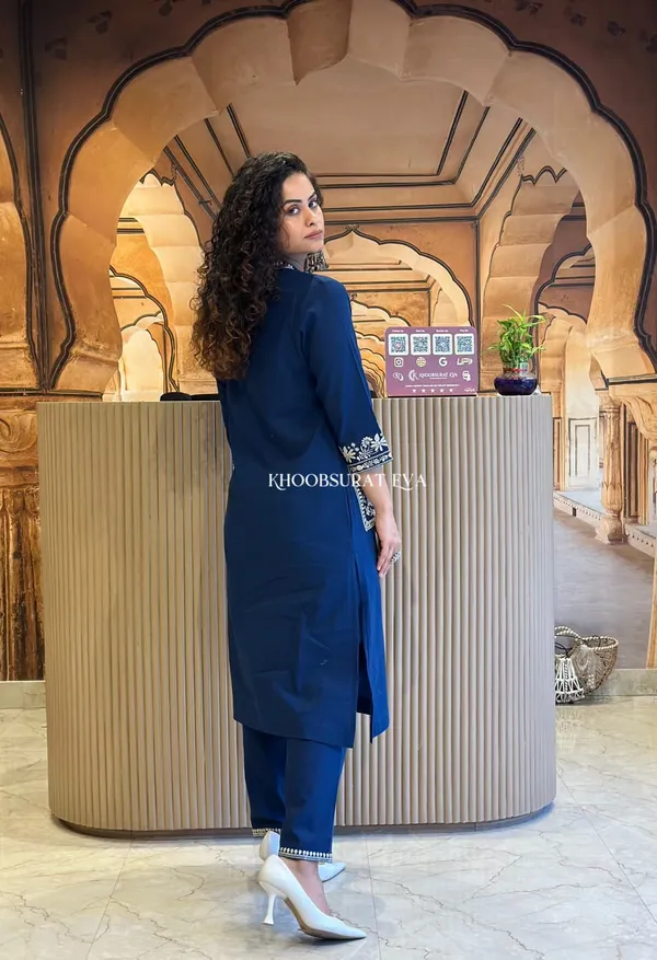 Blue_New_Cotton_Slub_Kurti_Pant_Set_Heavy_Embroidery_Work_With_Side_Pocket