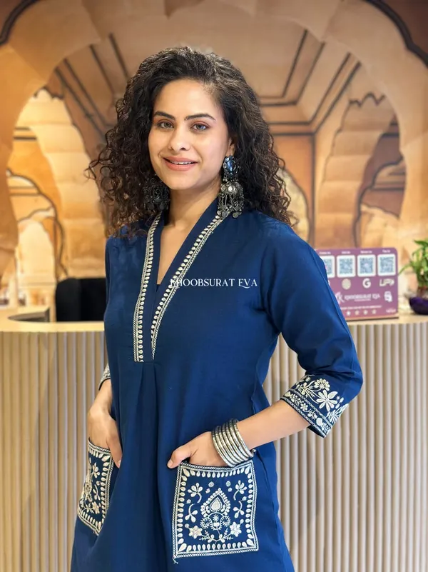 Blue_New_Cotton_Slub_Kurti_Pant_Set_Heavy_Embroidery_Work_With_Side_Pocket