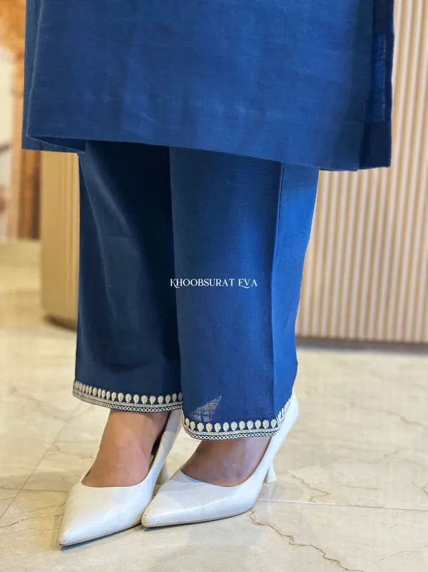 Blue_New_Cotton_Slub_Kurti_Pant_Set_Heavy_Embroidery_Work_With_Side_Pocket