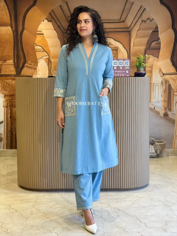 Cotton_Slub_Kurti_Pant_Set_Heavy_Embroidery_Work_With_Side_Pocket