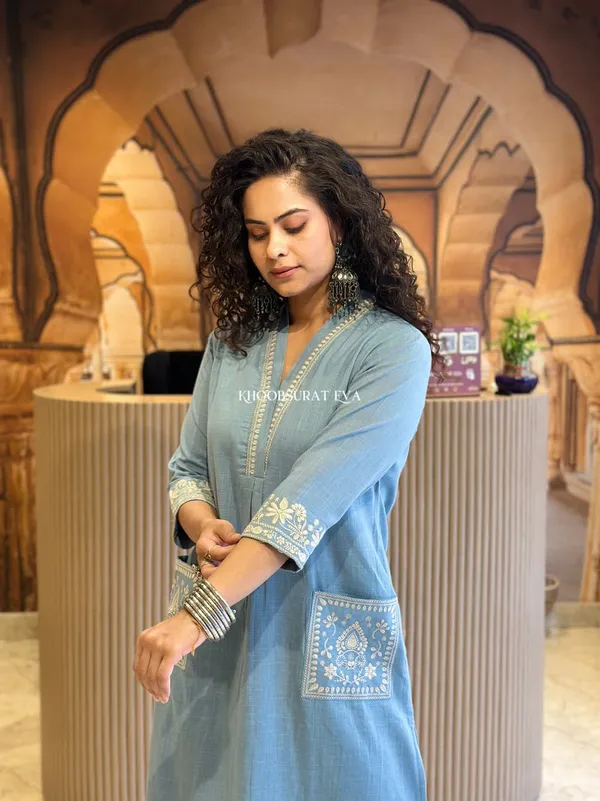 Cotton_Slub_Kurti_Pant_Set_Heavy_Embroidery_Work_With_Side_Pocket