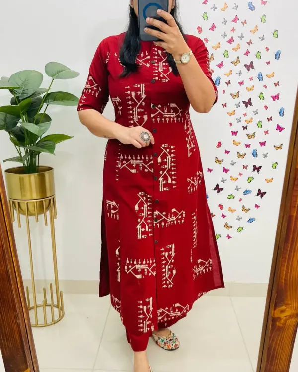 Crimson_Red_Tribal_Print_Button-Down_Kurta_Set