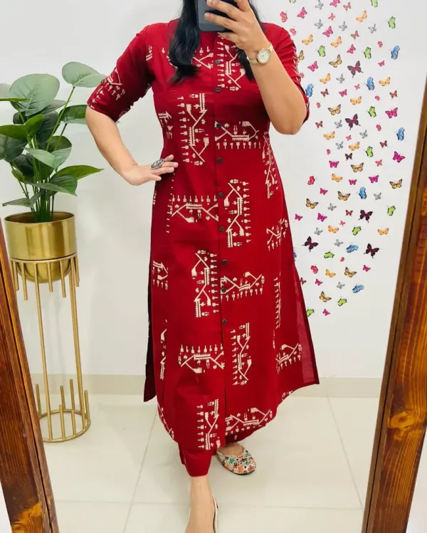 Crimson_Red_Tribal_Print_Button-Down_Kurta_Set