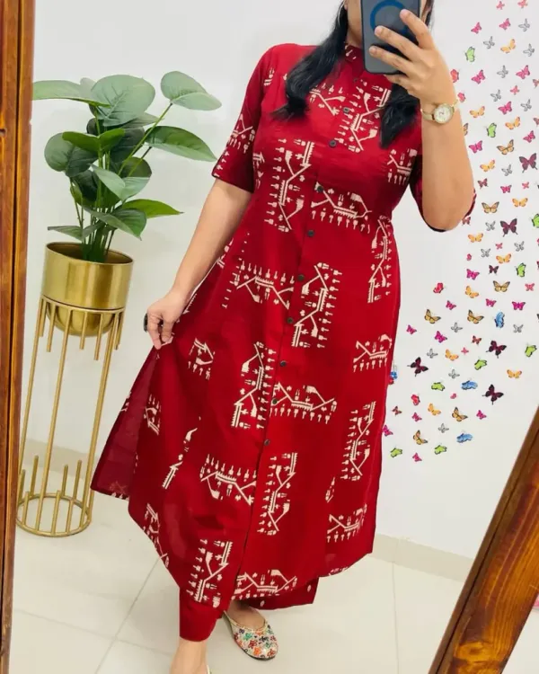 Crimson_Red_Tribal_Print_Button-Down_Kurta_Set
