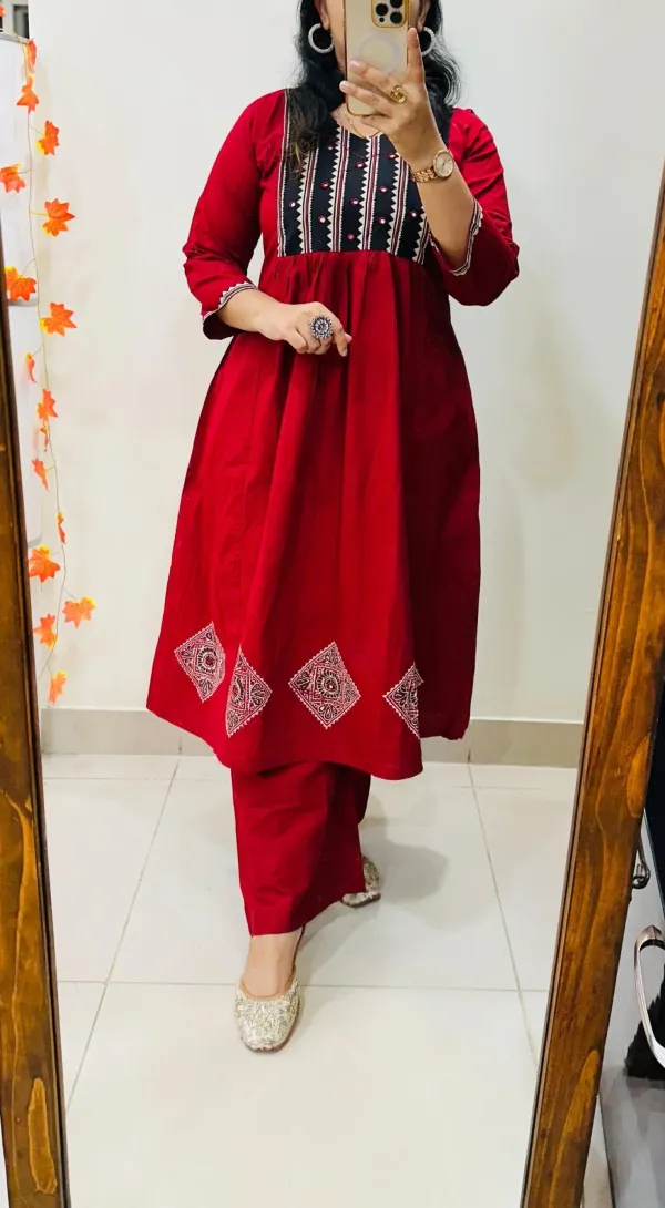 Elegant_Red_Cotton_Kurti_Set_with_Contrast_Embroidery
