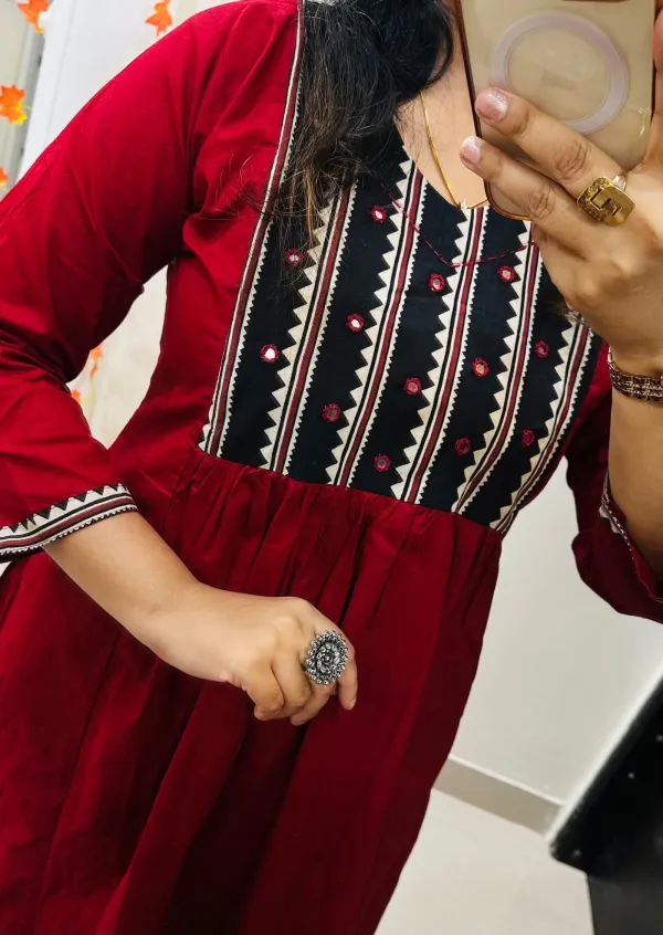 Elegant_Red_Cotton_Kurti_Set_with_Contrast_Embroidery