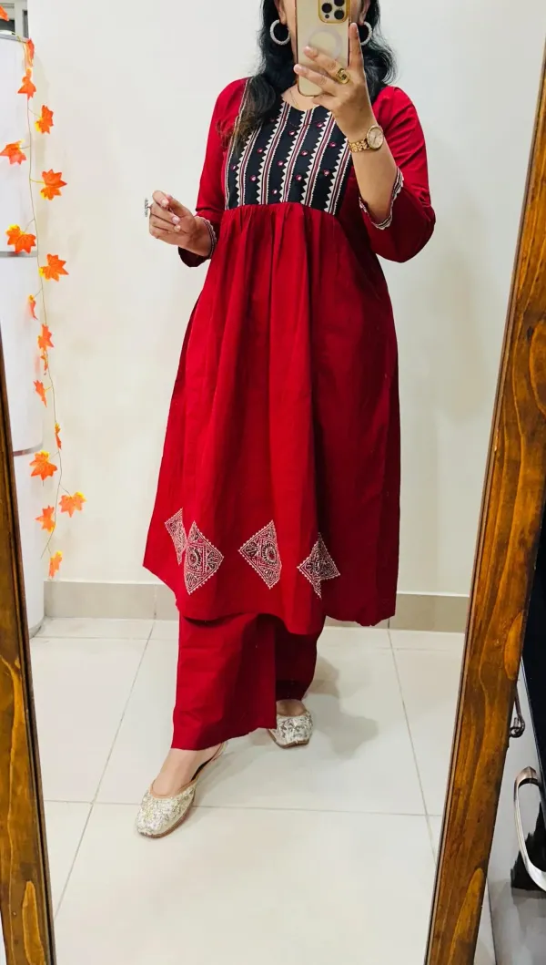 Elegant_Red_Cotton_Kurti_Set_with_Contrast_Embroidery